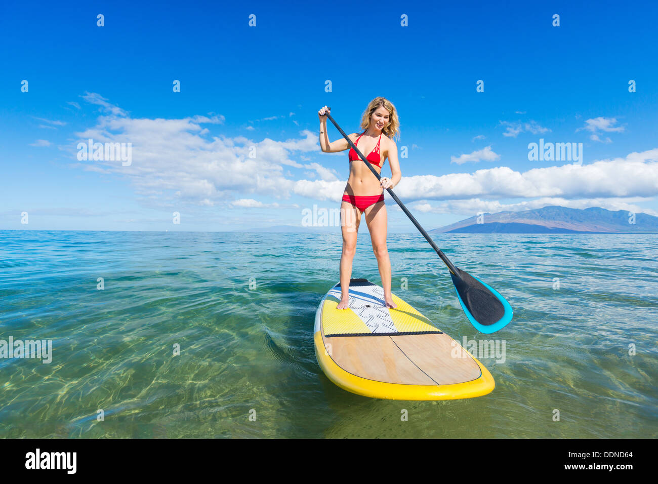 Attractive Woman on Stand Up Paddle Board, SUP, Hawaii, l'océan bleu tropical Banque D'Images
