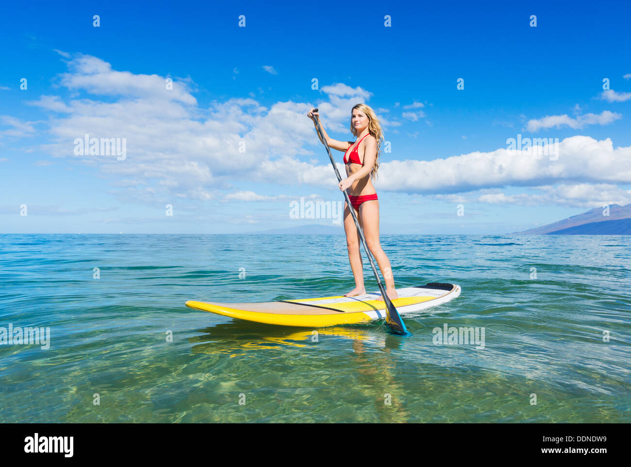 Attractive Woman on Stand Up Paddle Board, SUP, Hawaii, l'océan bleu tropical Banque D'Images