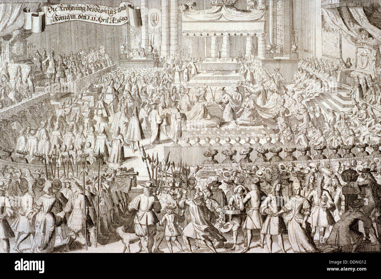 Couronnement de Guillaume III et Marie II dans l'abbaye de Westminster, Londres, 1689. Artiste : Anon Banque D'Images