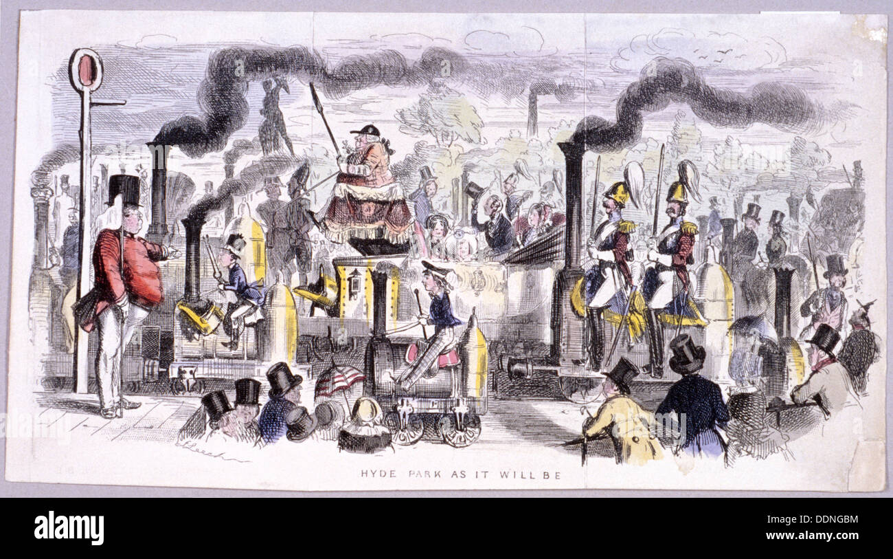 Vue sur Hyde Park qui fait la satire de l'avènement de la locomotive à vapeur, Londres, c1850. Artiste : John Leech Banque D'Images