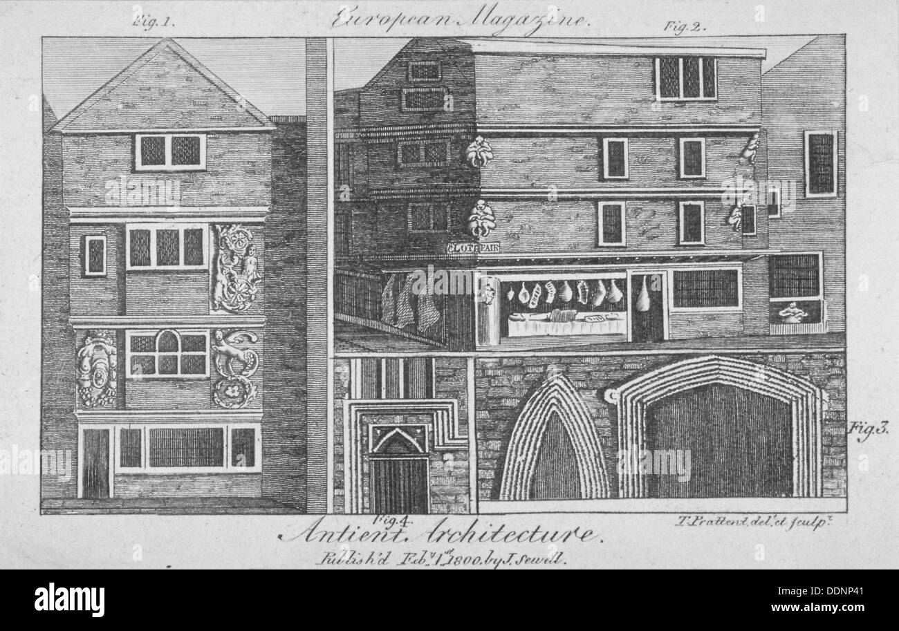 Quatre vues de caractéristiques architecturales des bâtiments dans le tissu juste, Smithfield, ville de Londres, 1800. Artiste : Thomas Prattent Banque D'Images