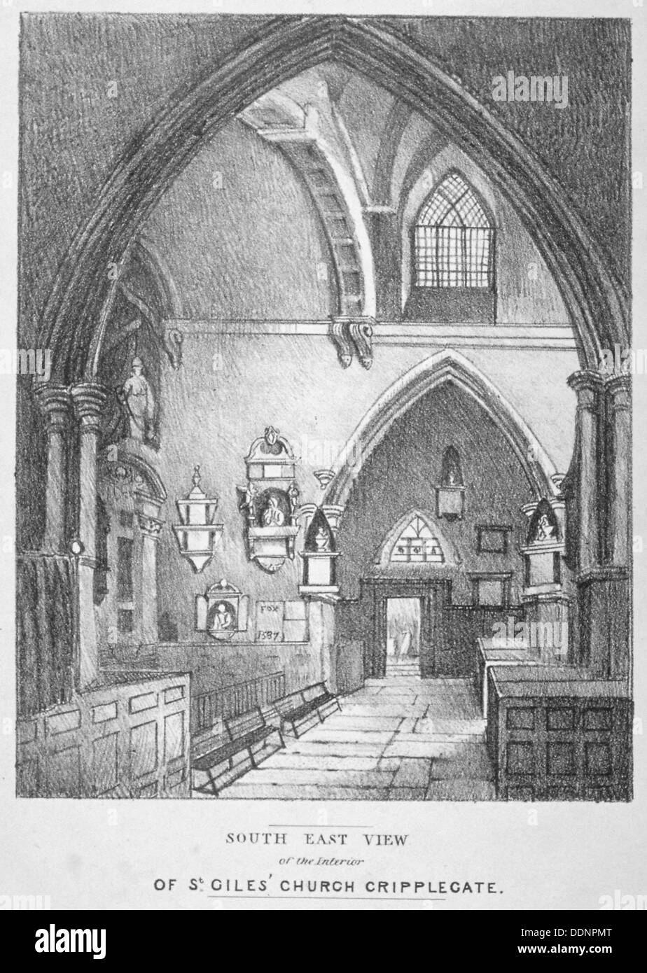 Vue sud-est de l'intérieur de l'église de St Giles Cripplegate sans, ville de Londres, 1825. Artiste : Anon Banque D'Images