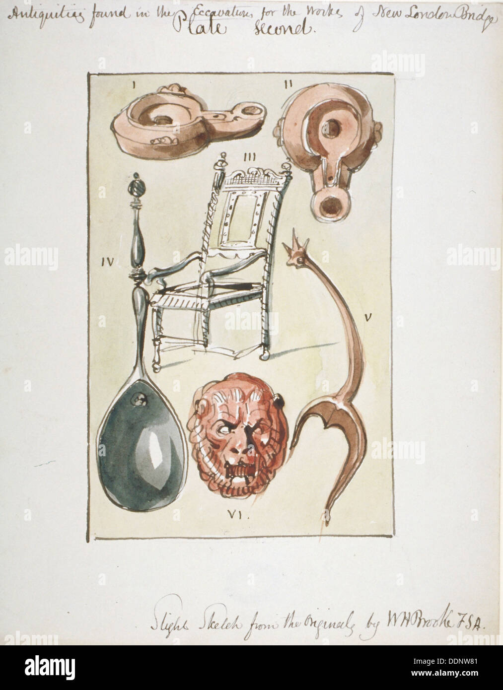 Antiquités trouvées dans les fouilles pour les travaux du nouveau pont de Londres, 1825. Artiste : Anon Banque D'Images