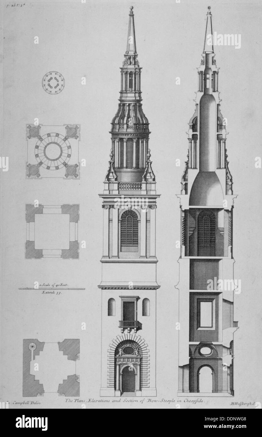 Plans, élévations et la section de l'église de St Mary-le-Bow, Cheapside, ville de Londres, 1725. Artiste : Sir Christopher Wren Banque D'Images