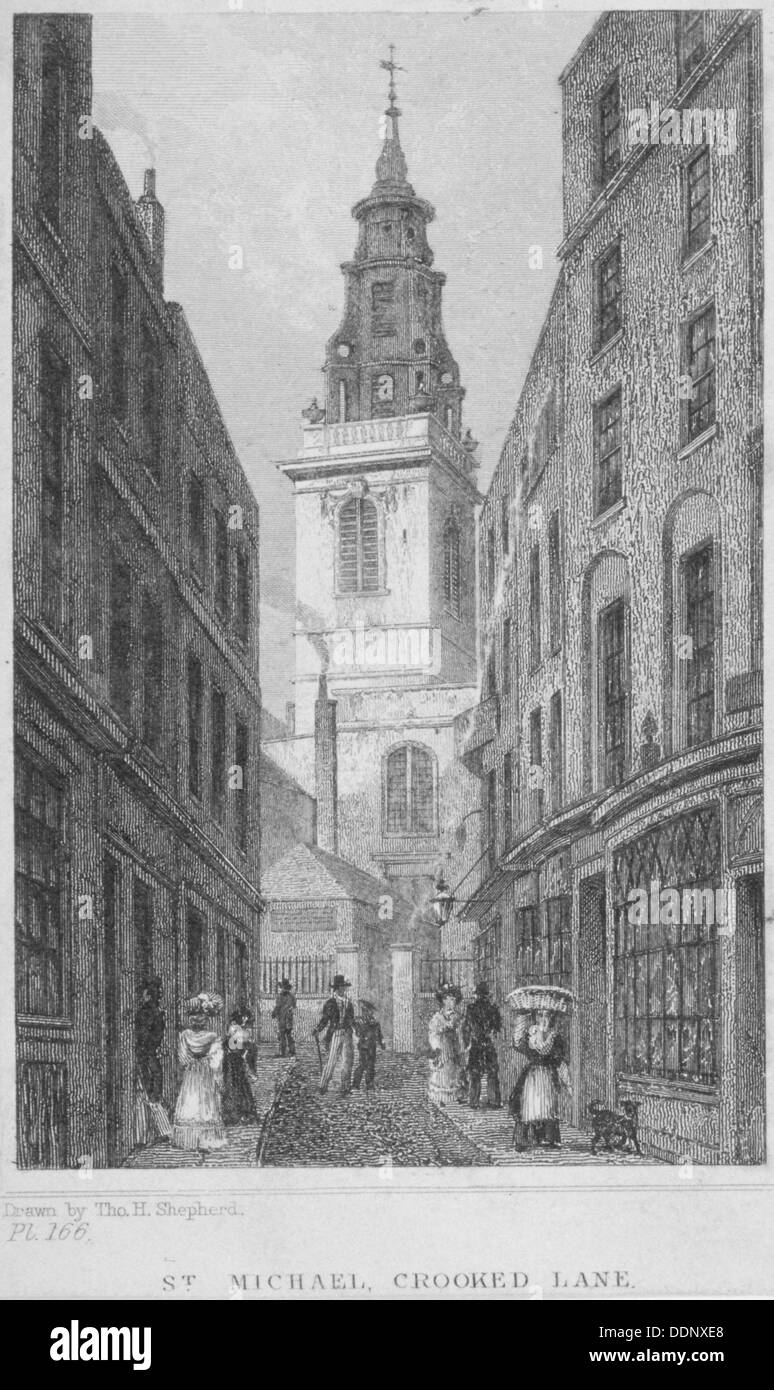 L'église de St Michael, Crooked Lane, City of London, 1831. Artiste : Edward John Roberts Banque D'Images