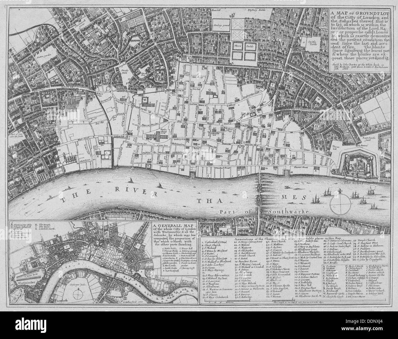 Carte montrant l'étendue des dégâts causés par le Grand Incendie de Londres, 1666. Wenceslaus Hollar : artiste Banque D'Images