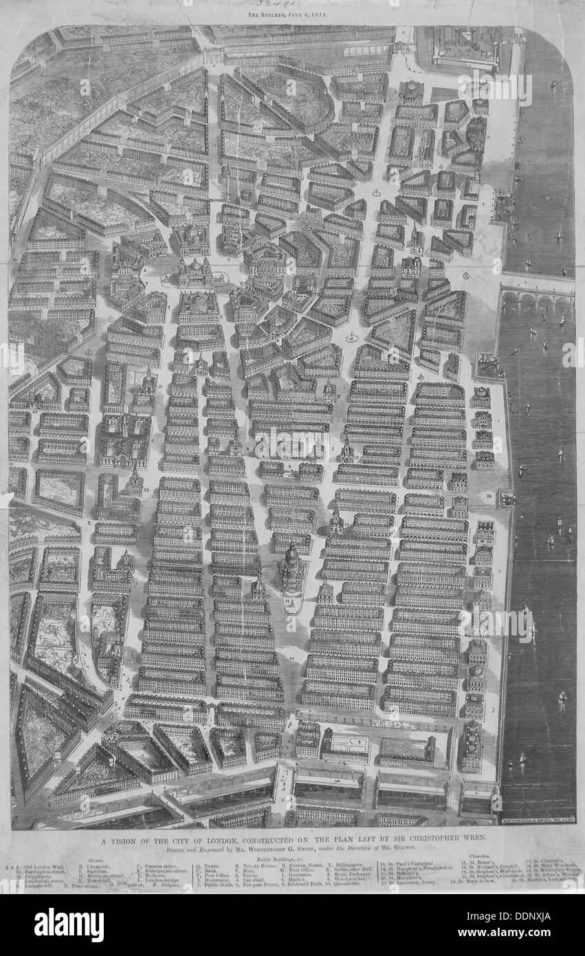 Sir Christopher Wren's plan pour la reconstruction de Londres après le grand incendie, 1666 (1875). Artiste : G Worthington Smith Banque D'Images