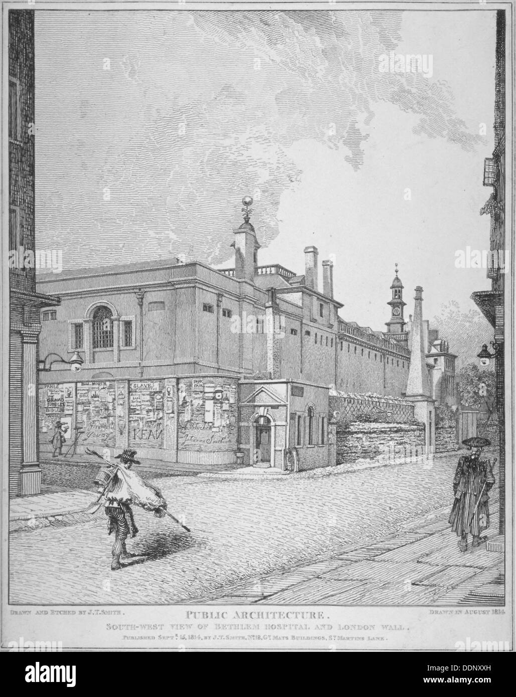 Vue sud-ouest de l'ancien hôpital de Bethléem, Moorfields et London Wall, ville de Londres, 1814. Artiste : John Thomas Smith Banque D'Images