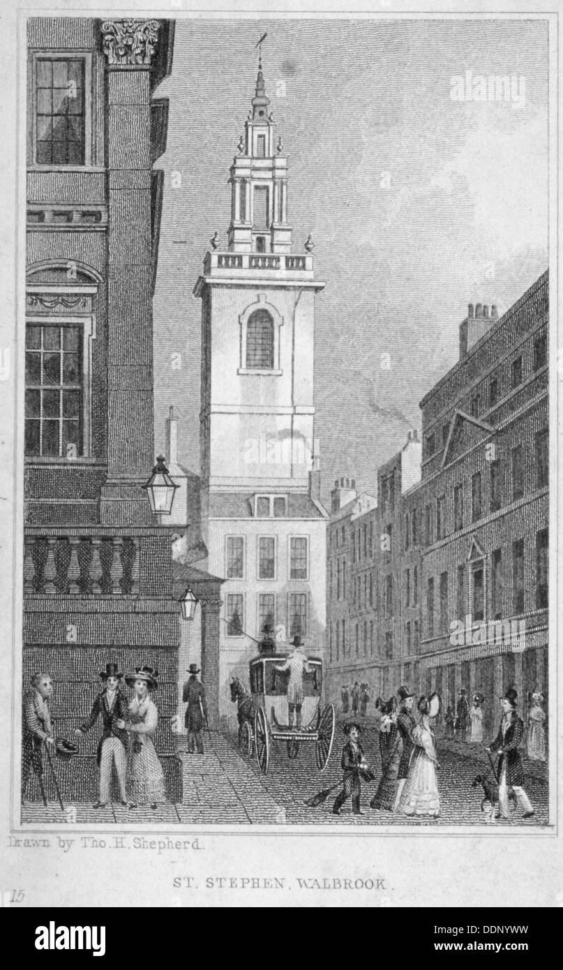 Église de St Stephen Walbrook du coin de l'hôtel particulier, ville de Londres, 1830. Artiste : R Acon Banque D'Images