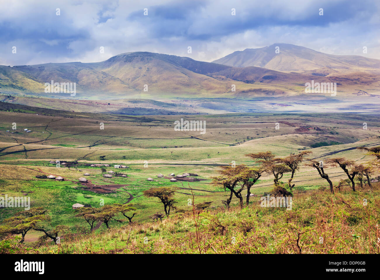 Paysage, paysage de savane en Afrique - Tanzanie, Afrique. Maisons massaïs dans la vallée Banque D'Images