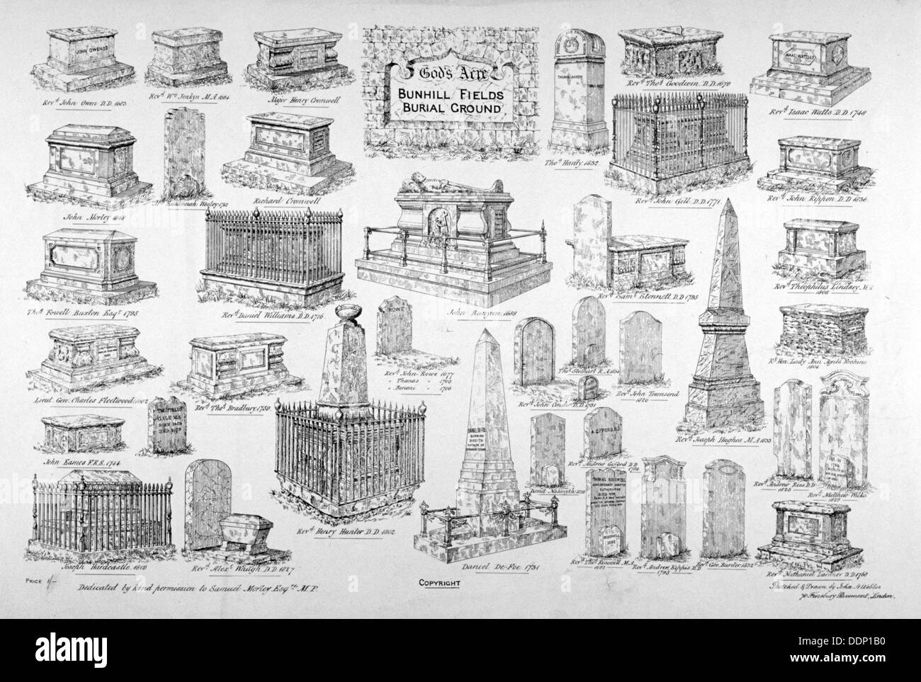 L'inscription des monuments de personnes notables à Bunhill Fields, Londres, Finsbury, c1860. Artiste : Anon Banque D'Images