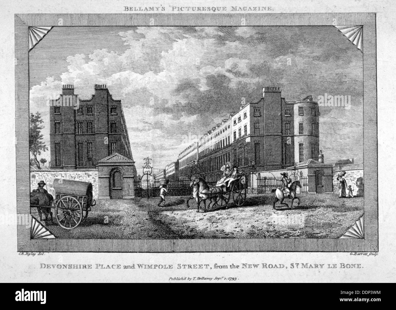 Devonshire Place et Wimpole Street, Marylebone, Londres, 1793. Artiste : G Barratt Banque D'Images