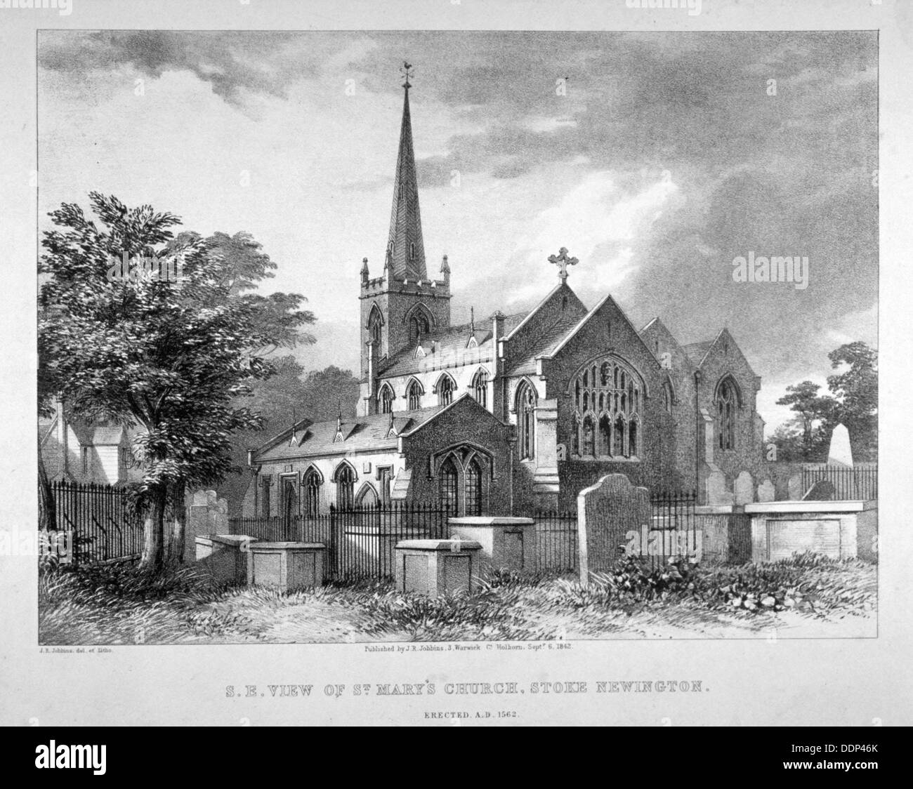 Vue sud-est de l'église St Mary, Stoke Newington, Londres, 1842. Artiste : JR Jobbins Banque D'Images