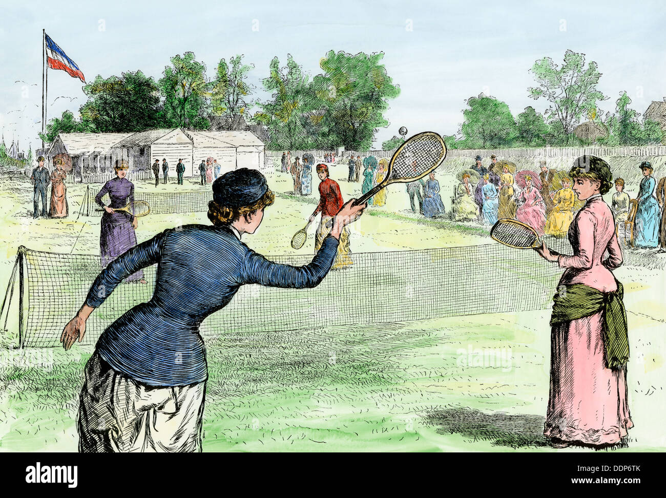 Mesdames Tennis sur Gazon tournoi au Club de Cricket de Staten Island, NY, 1870. À la main, gravure sur bois Banque D'Images