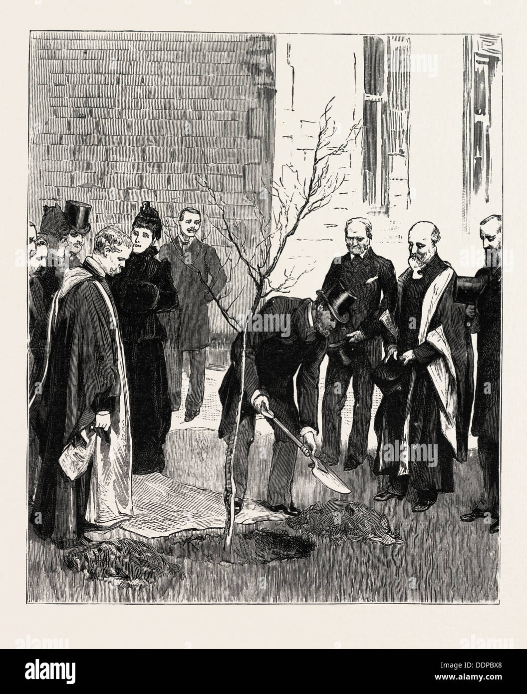 BOURNEMOUTH, LE PRINCE planter un arbre, À L'HÔPITAL DE VICTORIA EN COMMÉMORATION DE SA VISITE, gravure 1890 Banque D'Images