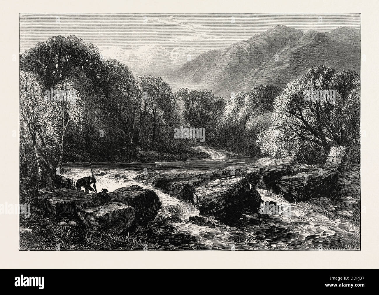 Sur le fleuve, LLEDR, Pays de Galles, Royaume-Uni, Grande Bretagne, France, la gravure du xixe siècle Banque D'Images