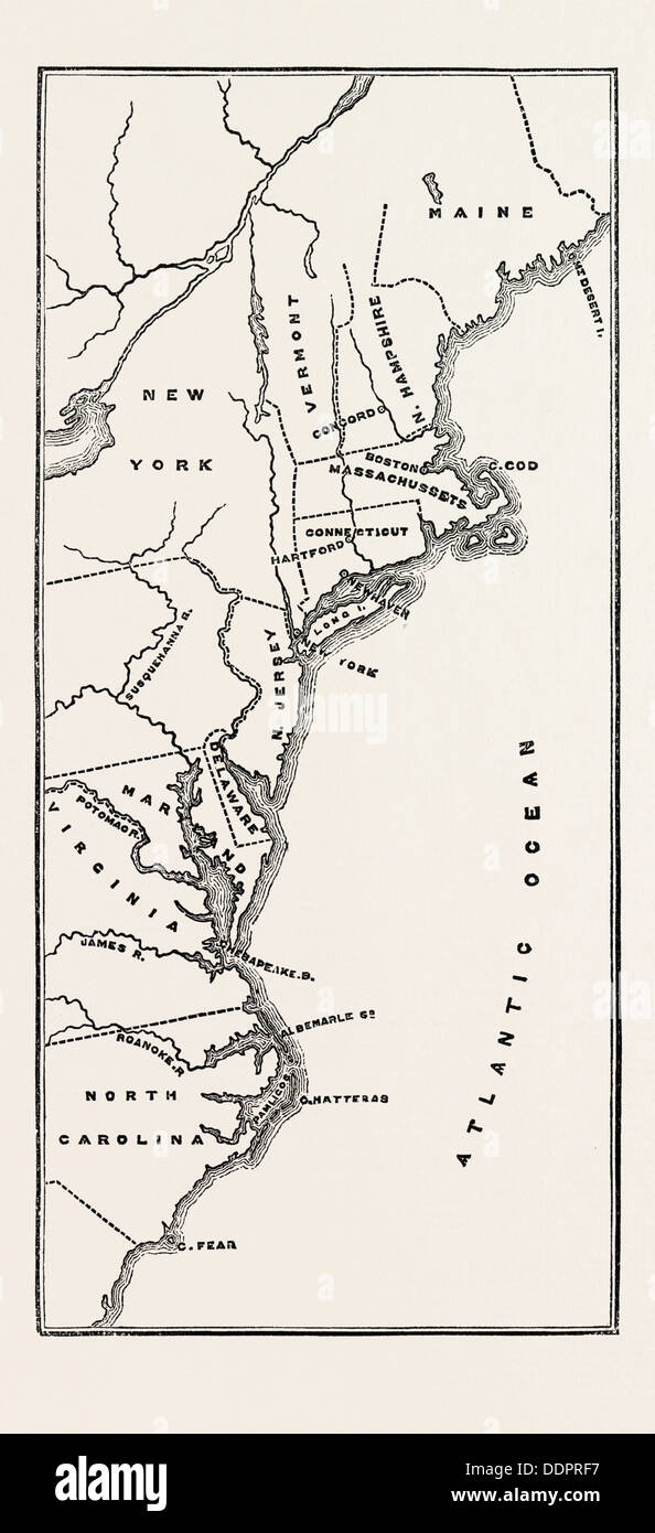 Carte POUR AFFICHER LA POSITION DES PREMIERS ÉTABLISSEMENTS EN AMÉRIQUE DU NORD, 1870 Gravure Banque D'Images