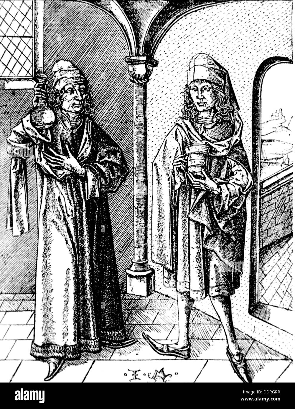Médecine, Pharmacie, pharmacie, médecin et apothicaire, gravure sur cuivre, par Israhel van Meckenem le jeune (um 1440), 15e siècle, galerie d'estampes, Berlin, 15e siècle, Moyen Âge, médiéval, cité médiévale, graphique, graphiques, profession, professions, médecin, infirmier, médecins, apothicaire, du pharmacien, pharmacien, apothicaires, pharmaciens, droguistes, pleine longueur, debout, la détention, l'attente, les navires, bateaux, conteneurs, conteneurs, verre, verres, mortier, connaissances, pharmacie, pharmacologie, médecin, doc, médecins, docs, médecin, auteur de l'artiste, n'a pas à être effacée Banque D'Images