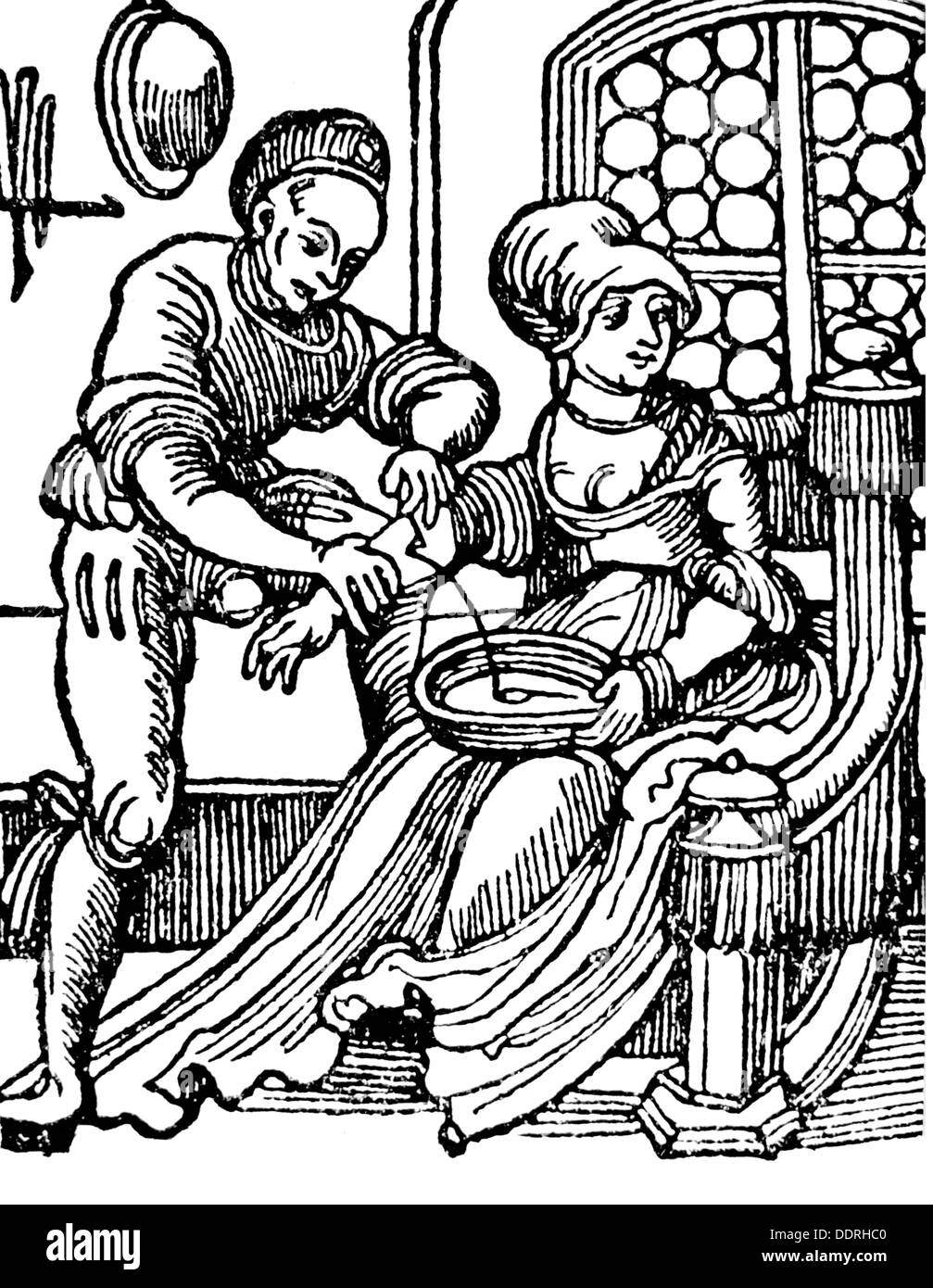 Médecine, traitement, saignée / venésection, médecin drainant du sang de dame, coupe de bois, détail, de: A.Sytz, 'Traktat vom Aderlassen', imprimé: Johannes Weyssenburger (+ 1531), Landshut, 1520, Additional-Rights-Clearences-Not Available Banque D'Images