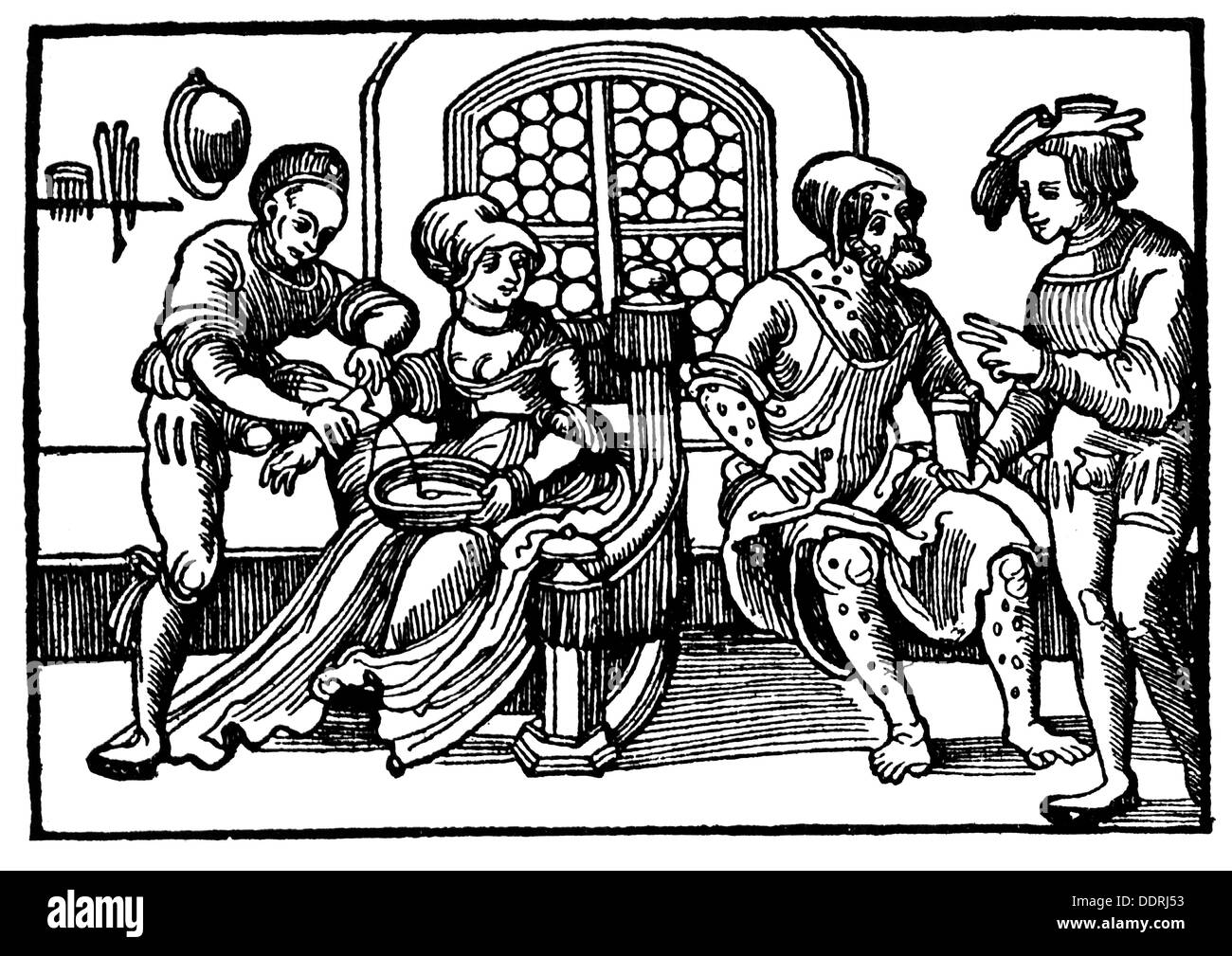 Médecine, traitement, saignée / venésection, médecin drainant du sang de dame, coupe de bois, détail, de: A.Sytz, 'Traktat vom Aderlassen', imprimé: Johannes Weyssenburger (+ 1531), Landshut, 1520, Additional-Rights-Clearences-Not Available Banque D'Images