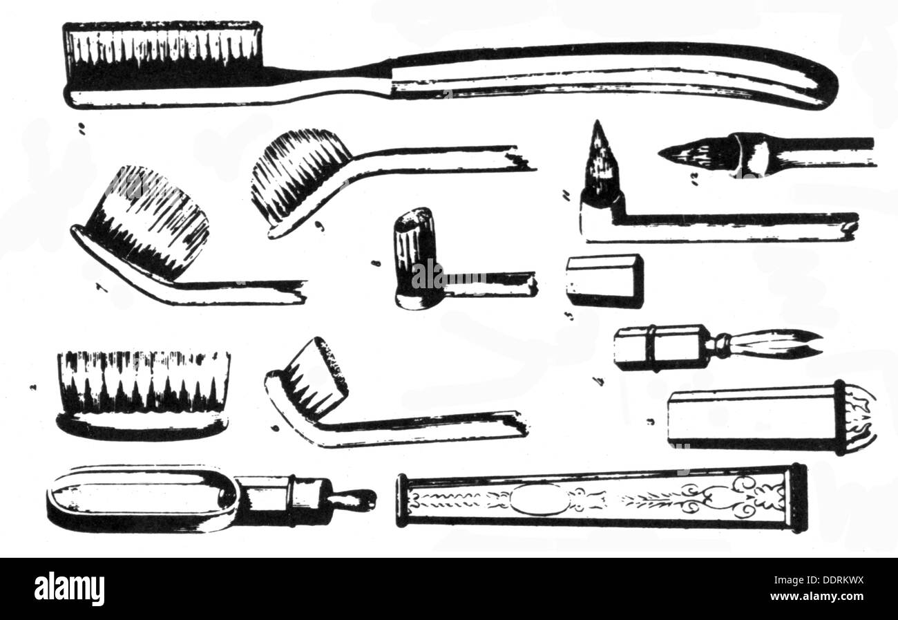 Médecine, dentisterie, différentes brosses à dents selon la description de Maury et Bell, dessin, vers 1835, droits additionnels-Clearences-non disponible Banque D'Images
