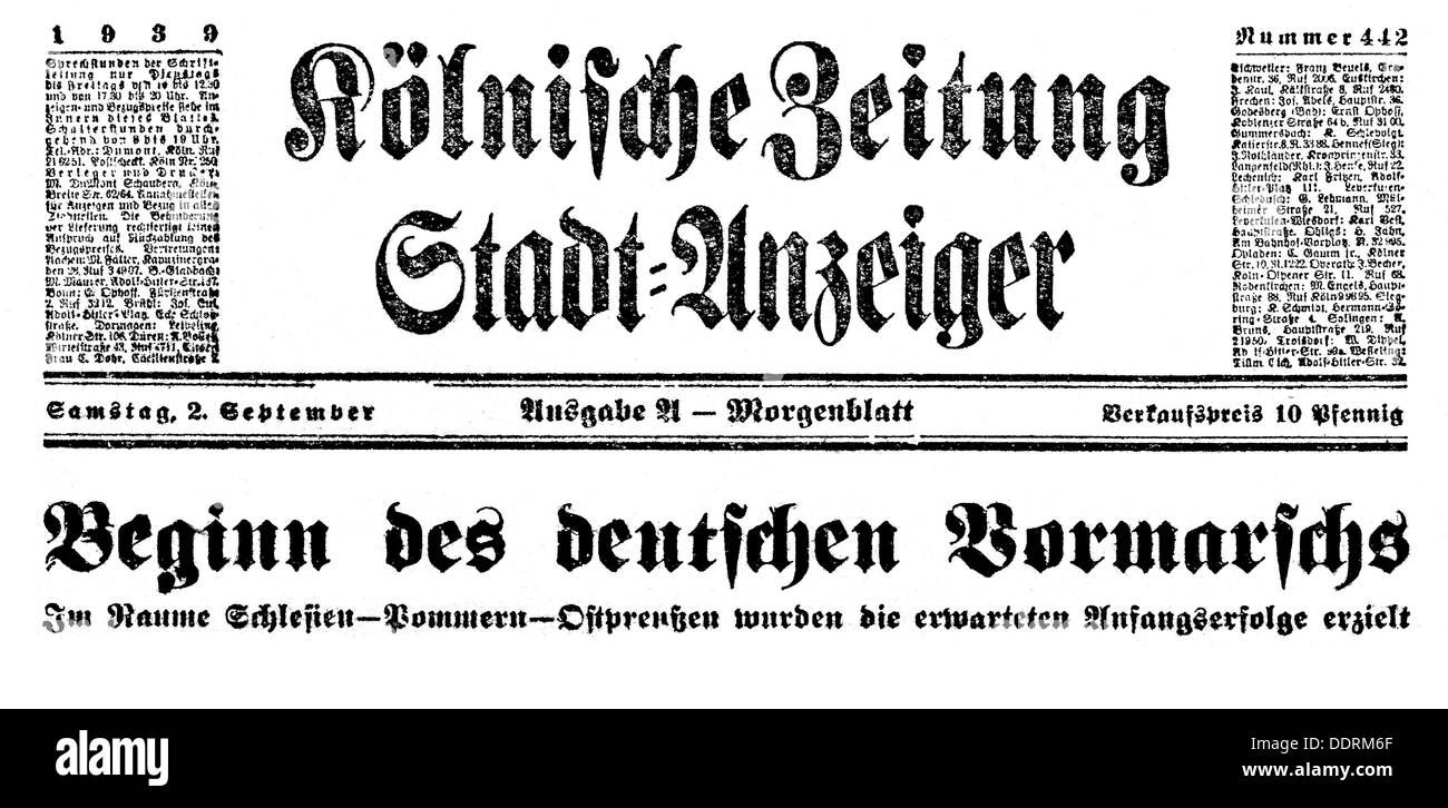 Presse / médias, journaux, 'Koelnische Zeitung', numéro 442, 6.4.1939, ligne de capture, strat de l'avance allemande, droits additionnels-Clearences-non disponible Banque D'Images
