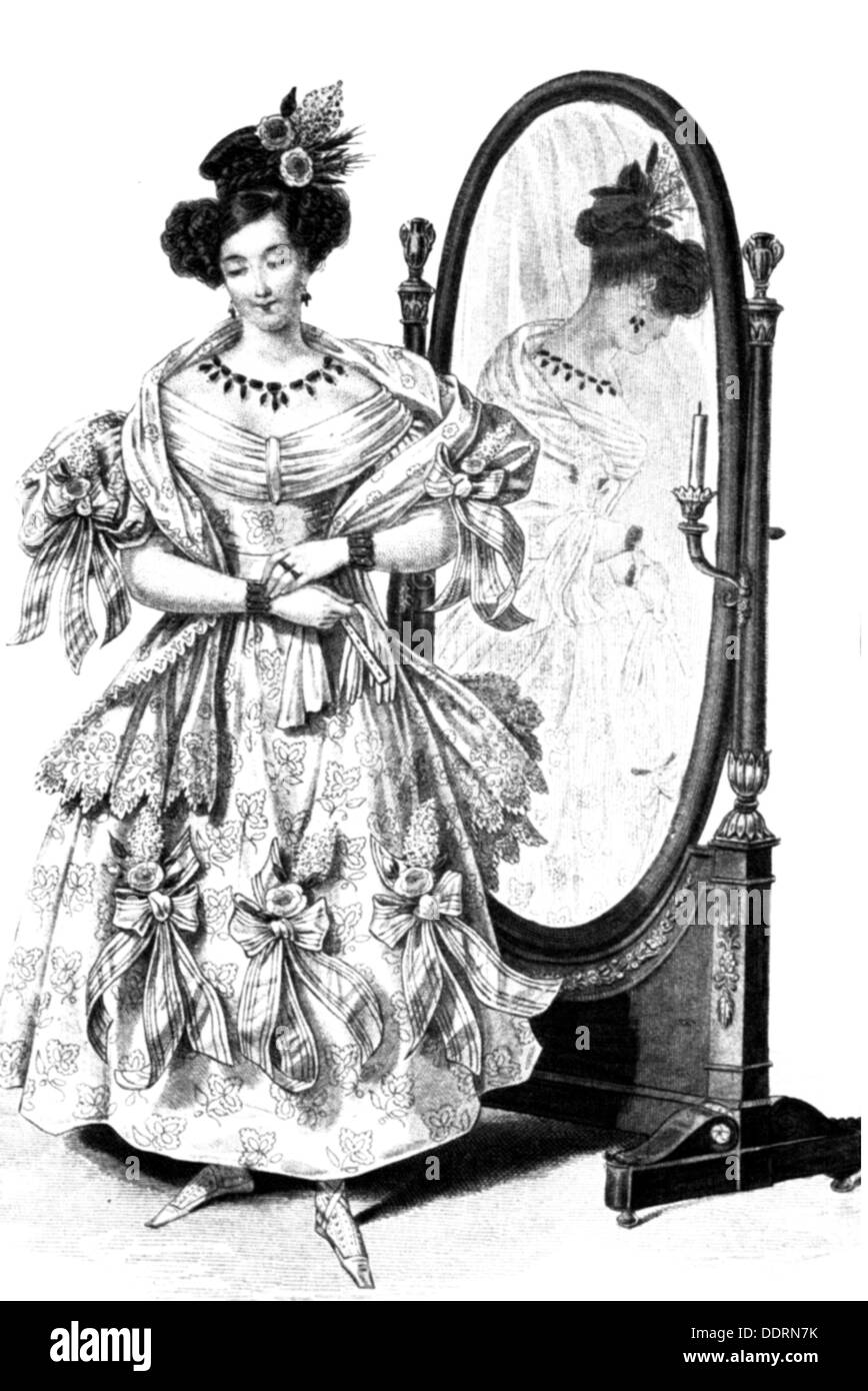 Mode, 19e siècle, parisienne femme devant le miroir, gravure en bois, d'un magazine de mode, France, 1832, droits additionnels-Clearences-non disponible Banque D'Images