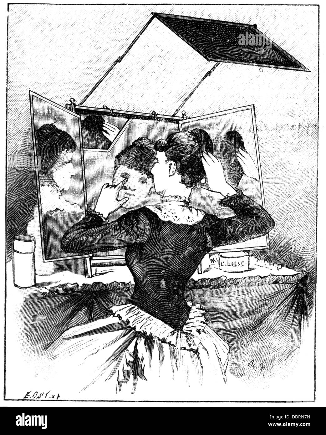Cosmétiques, miroir de maquillage pour voyages, gravure en bois, 1886, droits supplémentaires-Clearences-non disponible Banque D'Images