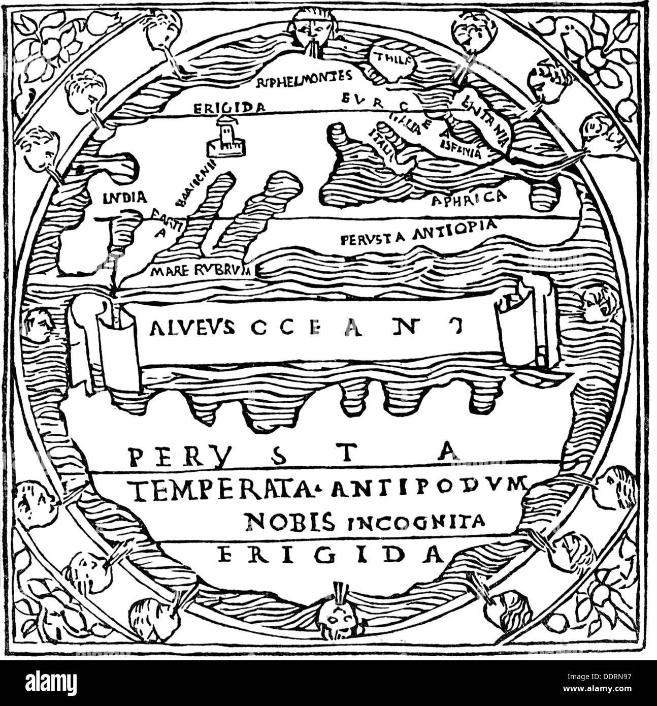 Cartographie, cartes du monde, carte du monde de 'Commentaire sur le rêve de Scipio' ('Commentarii in Somnium Scipionis' par Macrobius Ambrosius Theodosius, vers 425, coupe de bois, édition imprimée à Venise, 1500, droits additionnels-Clearences-non disponible Banque D'Images