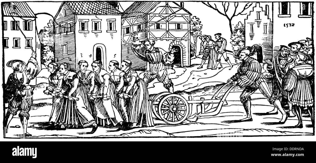 Festivités, carnaval, femmes célibataires doivent traîner la charrue, coupe de bois par Martin Weygel à la droll histoire "la femme de ménage dans la charrue" par Hans Sachs, Allemagne, 1532, Additional-Rights-Clearences-not available Banque D'Images