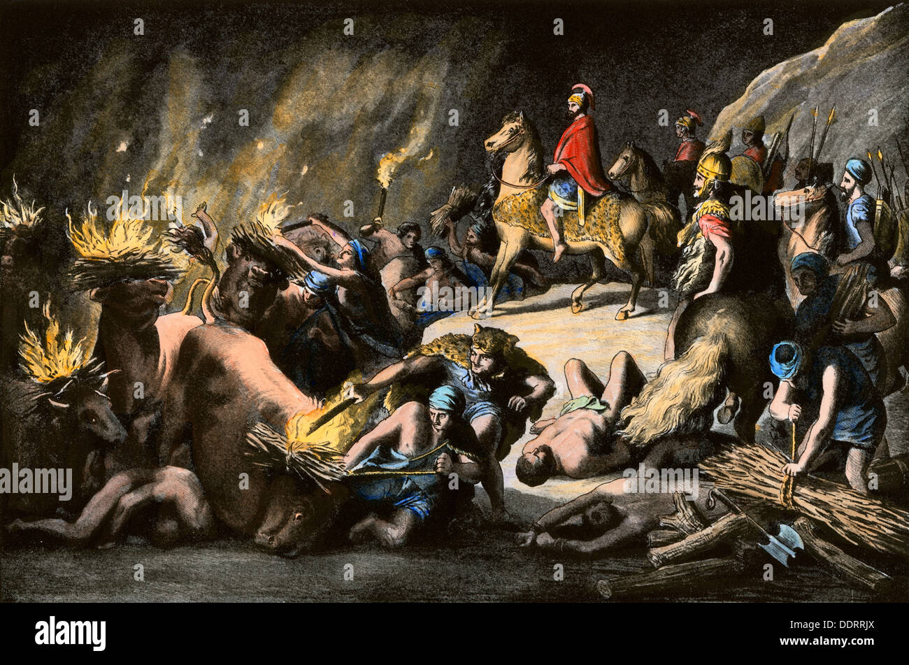 Hannibal's stratagem de destruction à Berne pendant les guerres puniques contre Rome. Demi-teinte à la main, reproduction d'une illustration Banque D'Images