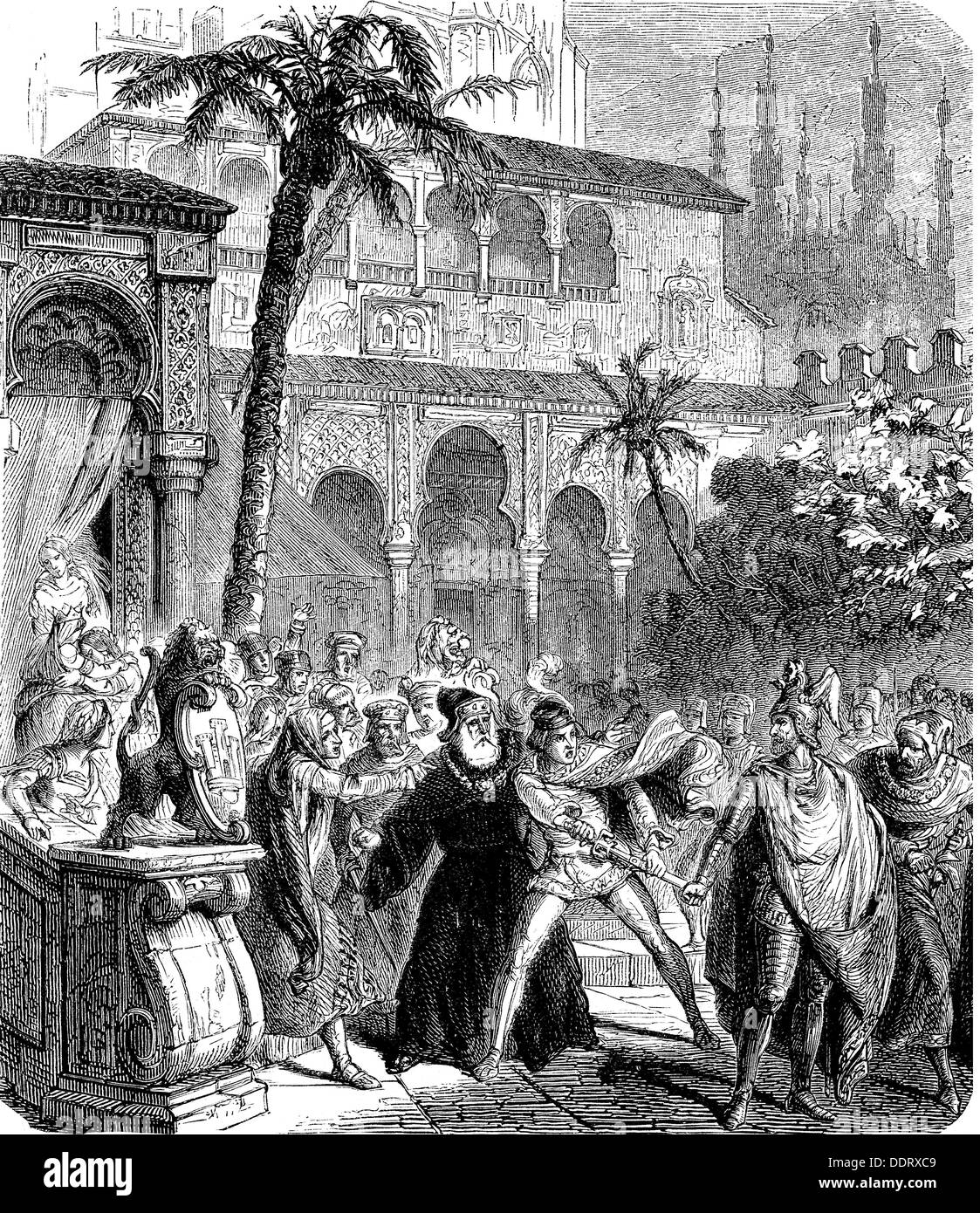 Littérature, El CID, illustration, Don Diego et son fils ridiculisés par le comte Gormaz, lithographie, 19e siècle, droits additionnels-Clearences-non disponible Banque D'Images