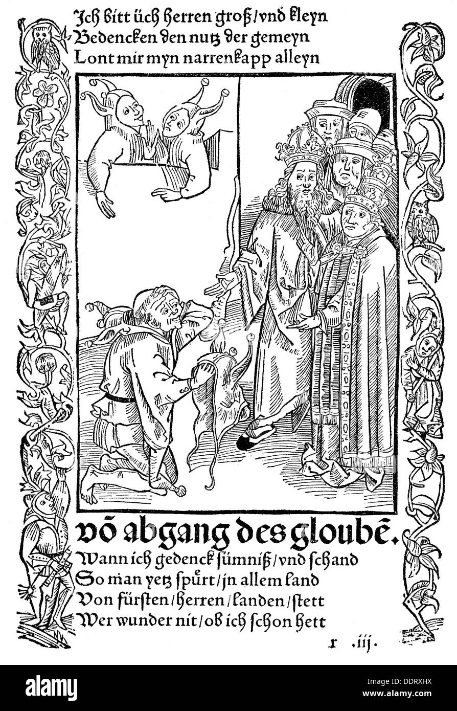 Littérature, le navire des Fools par Sebastian Brant (1457 - 1521), sur la chute de la foi, coupe de bois, impression: Johann Bergmann von Olpe, Bâle, 1494, droits additionnels-Clearences-non disponible Banque D'Images