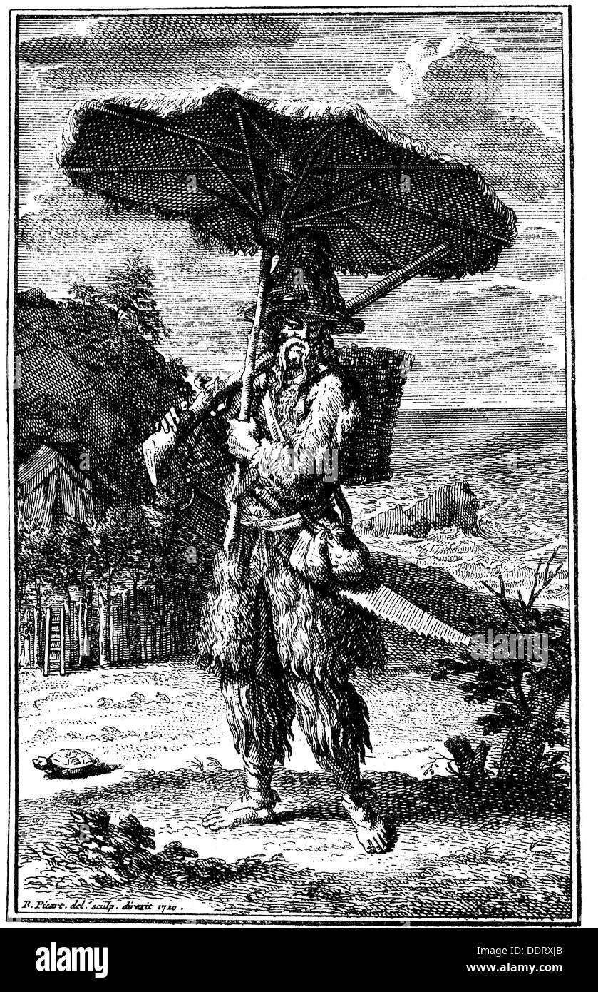 La littérature, de Robinson Crusoë de Daniel Defoe (1660 - 1731), illustration, Robinson avec son parasol, gravure sur cuivre à partir d'un la première édition française, 1720, l'artiste n'a pas d'auteur pour être effacé Banque D'Images