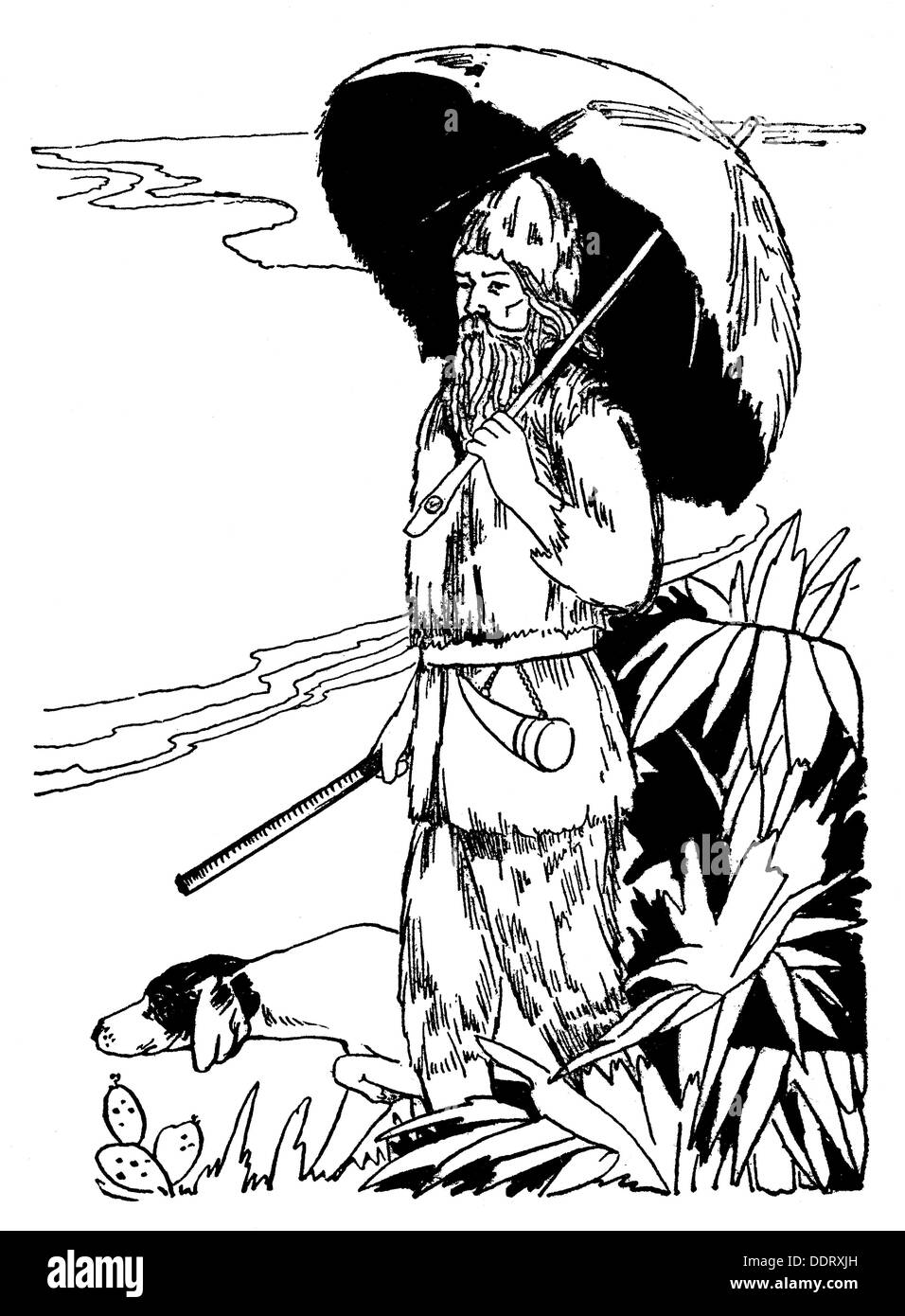 Littérature, Robinson Crusoe par Daniel Dedoe (1660 - 1731), illustration, Robinson avec son store, dessin, de: 'Young , droits additionnels-Clearences-non disponible Banque D'Images