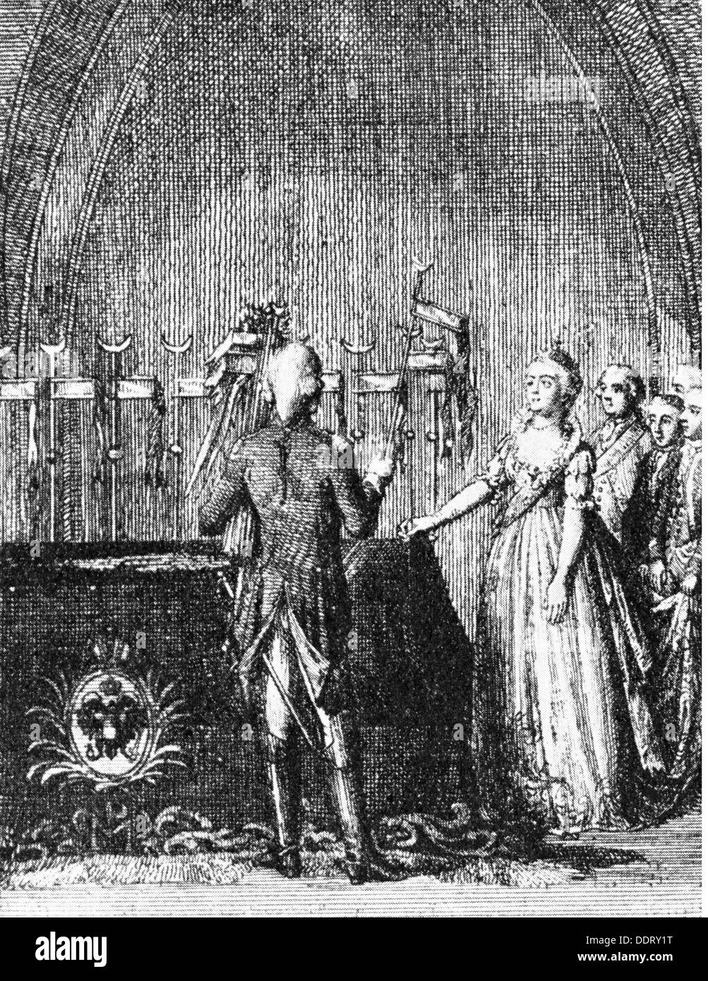 Septième guerre russo-turque de 1787 - 1792, la tsarine Catherine II "le Grand" a capturé standard turc prévue à la tombe par Pierre le Grand, gravure sur cuivre par Daniel Chodowiecki, 1792, l'artiste n'a pas d'auteur pour être effacé Banque D'Images