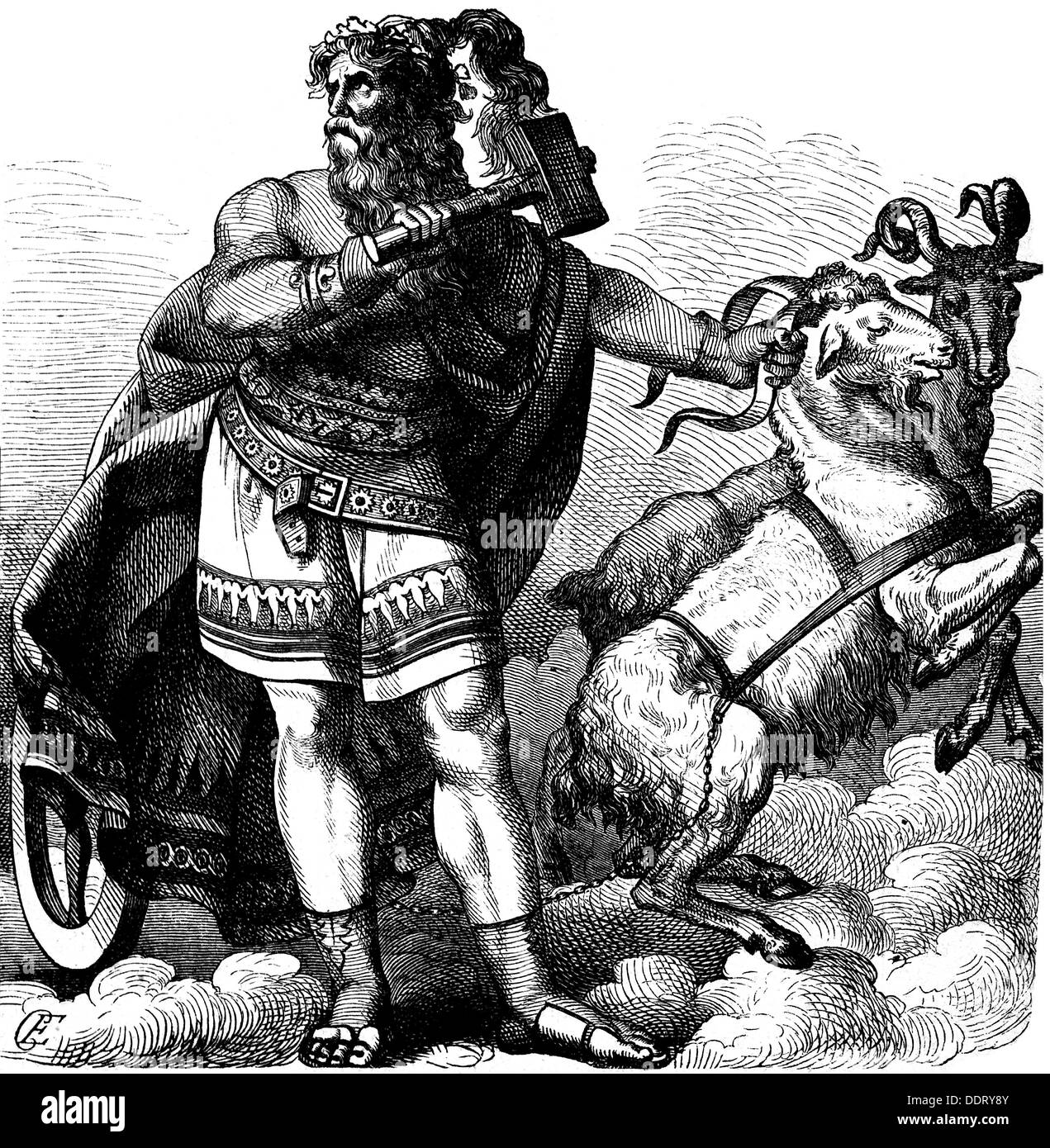 Thor (Donar), Dieu germanique du tonnerre, avec son char, gravure en bois après dessin par Karl Ehrenberg, XIXe siècle, Banque D'Images