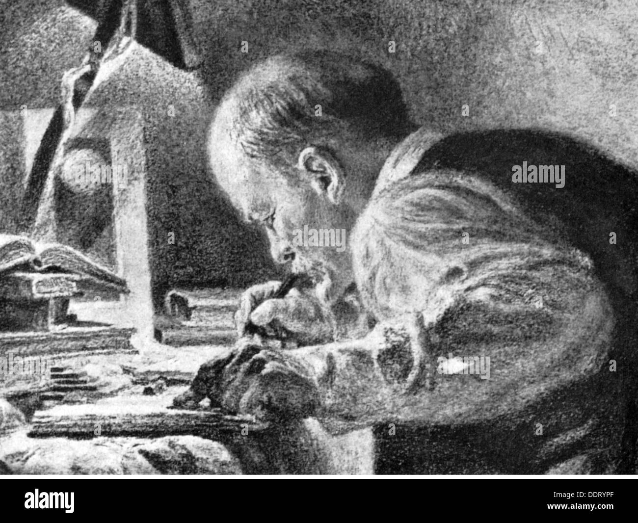 Lénine (Vladimir Ilyich Ulyanov), 22.4.1870 - 21.1.1924, politicien russe, 'Lénine dans l'illégalité', après la peinture de Yevgeny Kibrik (1906 - 1978), détail, XXe siècle, Banque D'Images