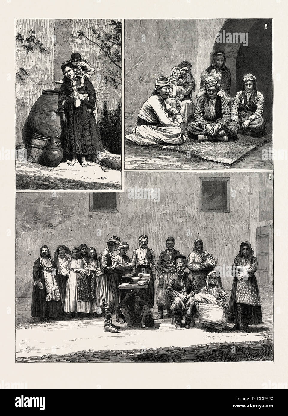 Chypre : 1. Une femme mendiant arabe. 2 et 3. Les gens du pays en costume de vacances au Festival de Kataklismos Banque D'Images