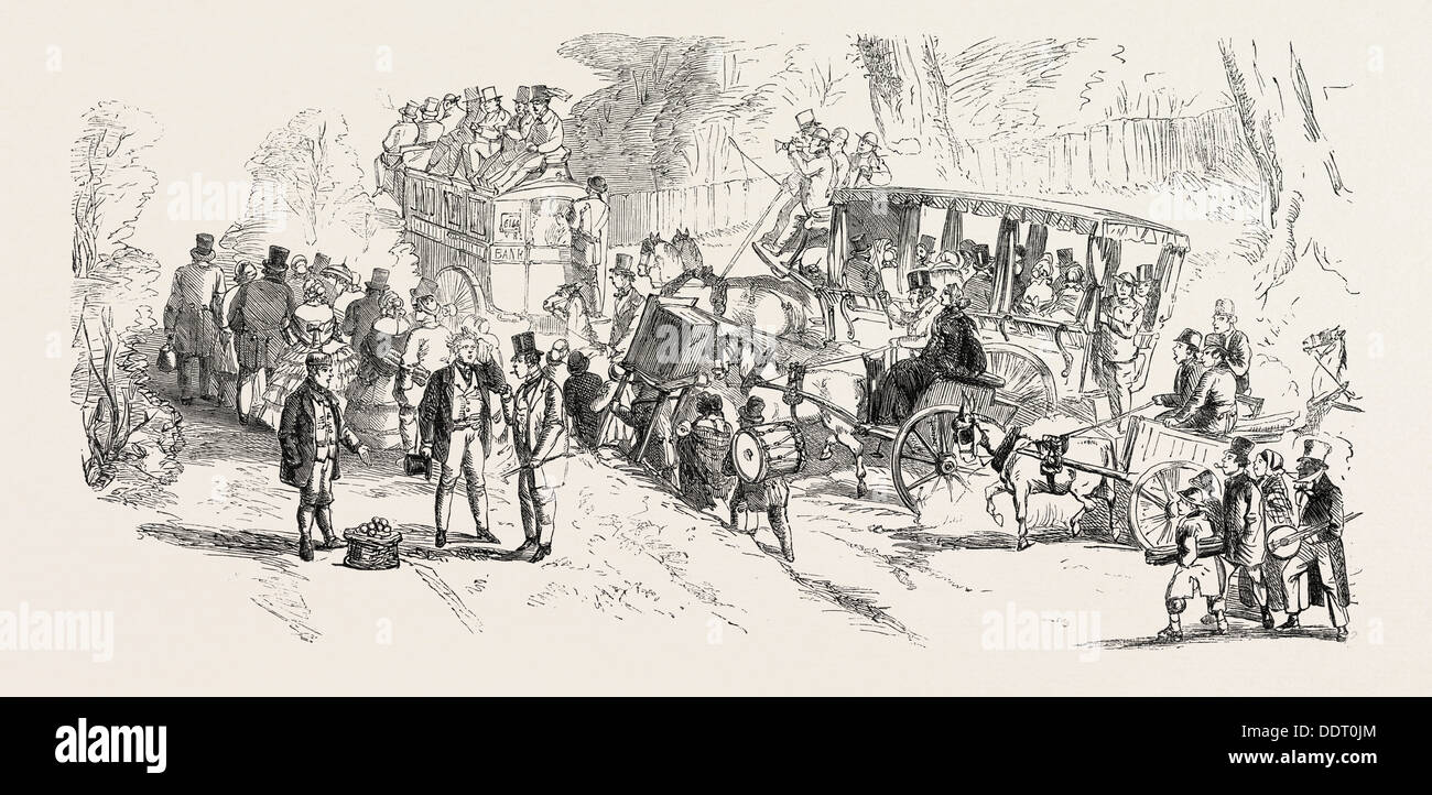 Le DERBY DAY, SCÈNES AU BORD DE LA ROUTE ET SUR LES DOWNS : JUSQU'À LA COLLINE Les Downs. UK, 1860 Gravure Banque D'Images