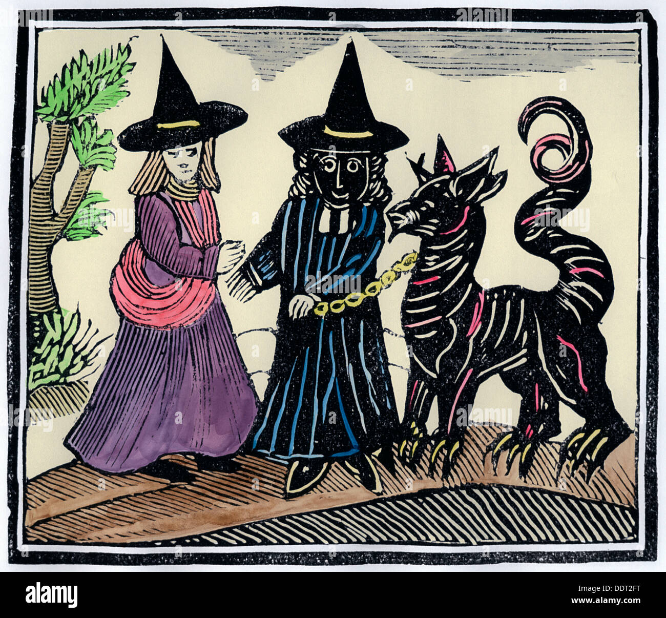 Un noir et blanc d'une sorcière avec un démon animal. Artiste : Inconnu Banque D'Images