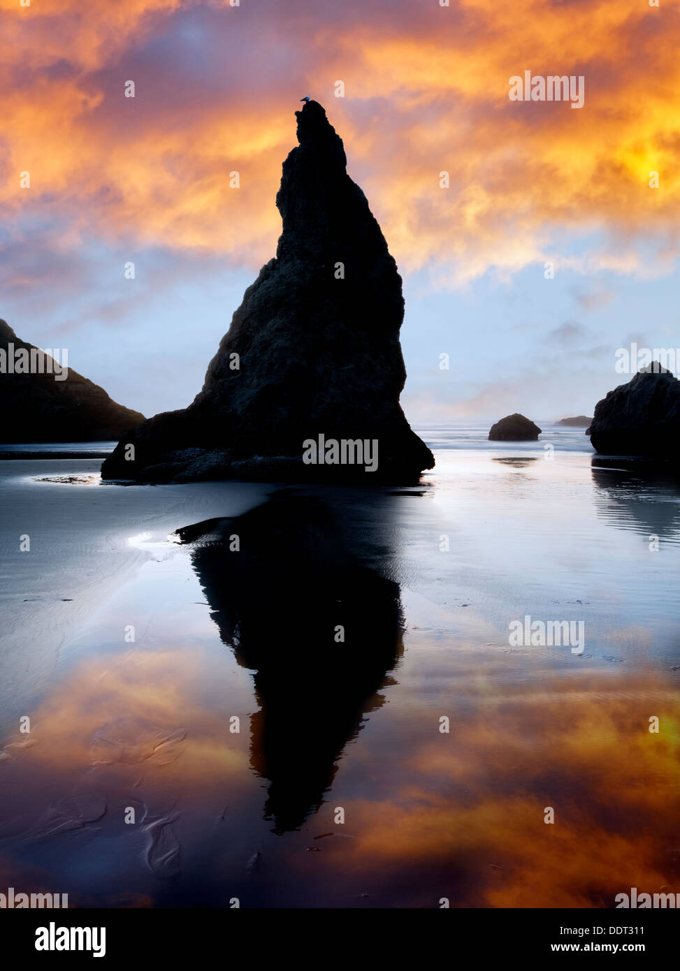 Des pierres à Bandon d'une réflexion au coucher du soleil. Oregon Banque D'Images