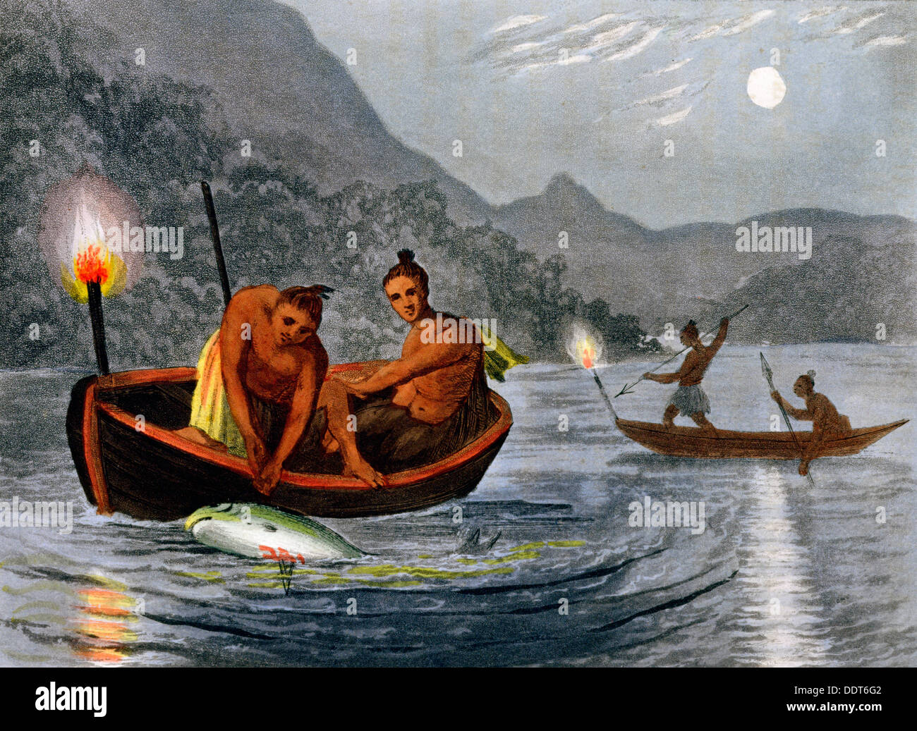 Les Amérindiens des flambeaux de pêche en Amérique du Nord, en 1813. Artiste : H Merke Banque D'Images