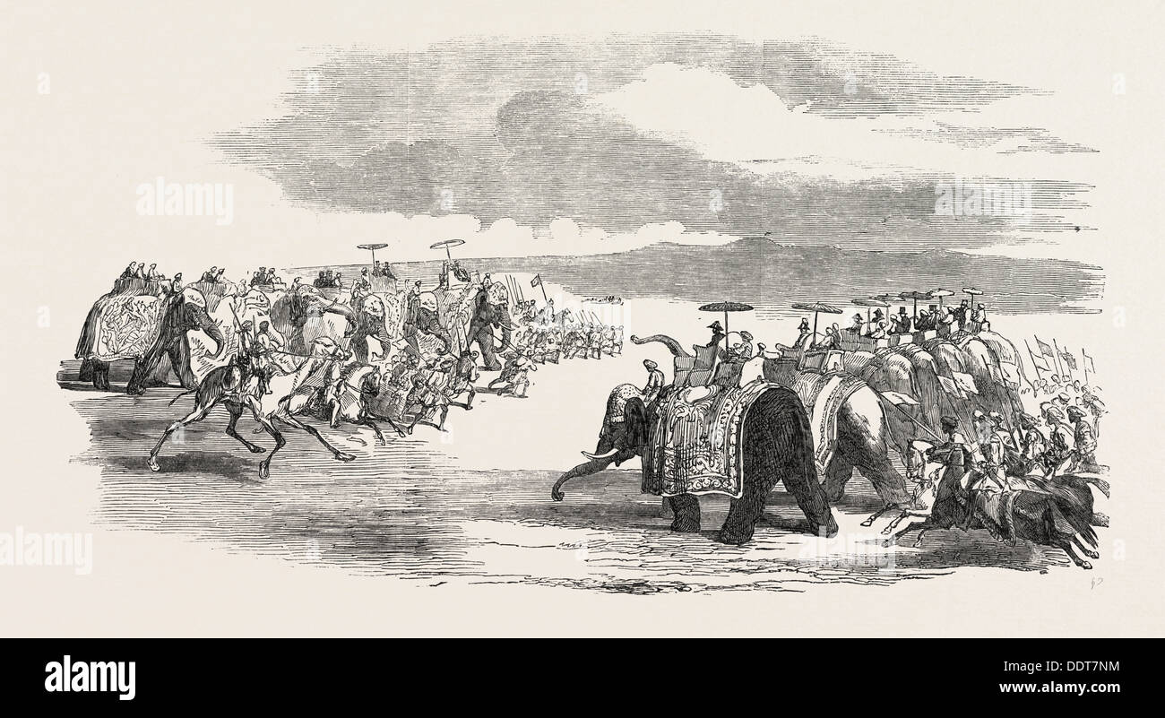 Députation DES AGENTS CIVILS ET MILITAIRES, DU GOUVERNEUR-GÉNÉRAL DE L'INDE POUR LE MAHARAJA GOOLAB CHANTER, gravure 1851 Banque D'Images