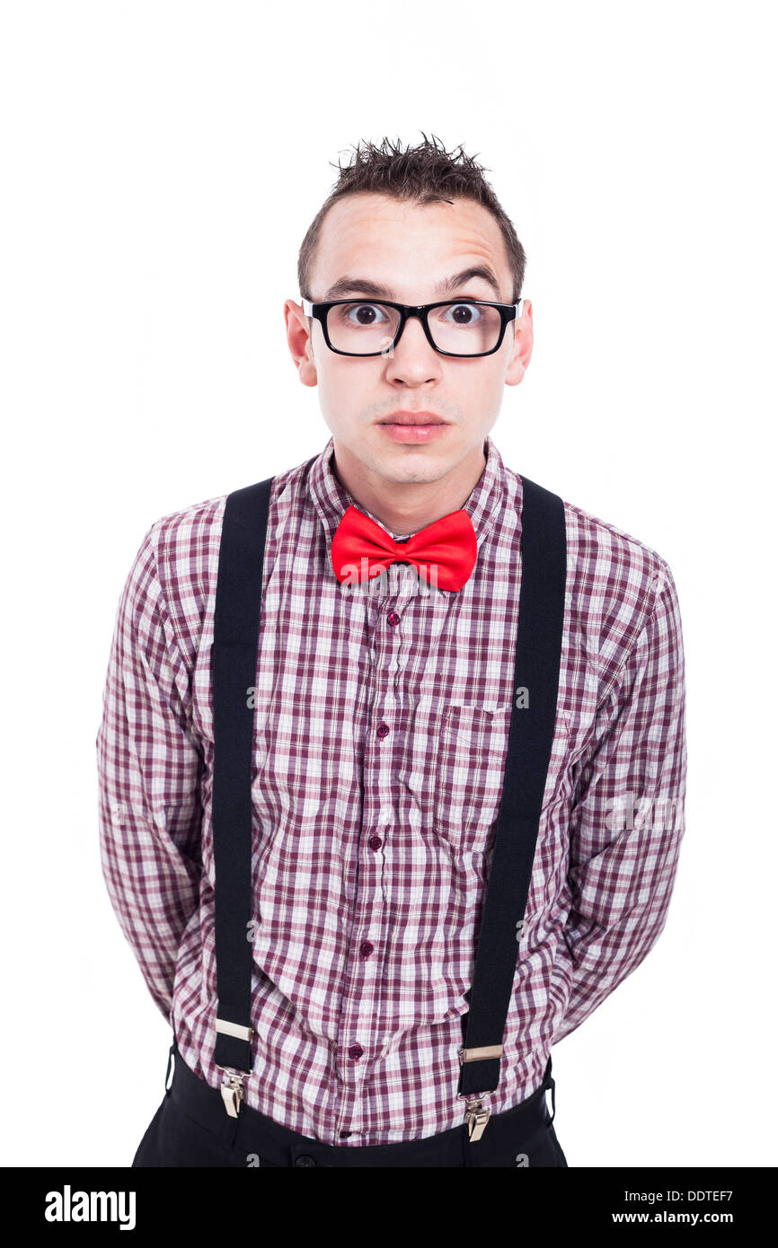 Surpris, l'homme nerd isolé sur fond blanc. Banque D'Images