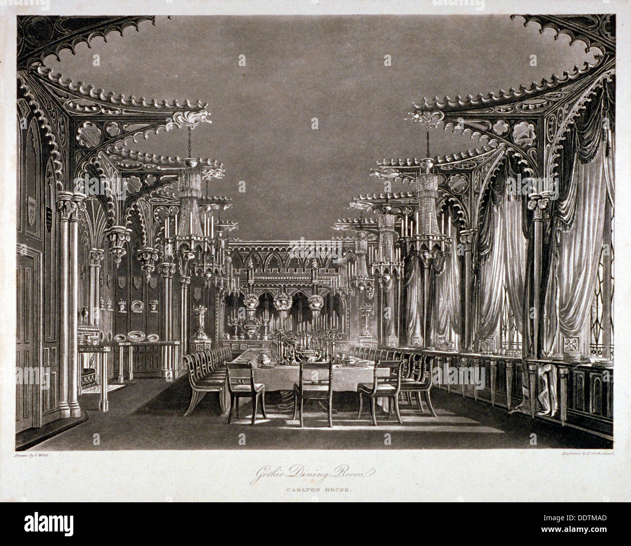 Vue de l'intérieur de la salle à manger gothique à Carlton House, Westminster, Londres, 1819. Artiste : Thomas Sutherland Banque D'Images