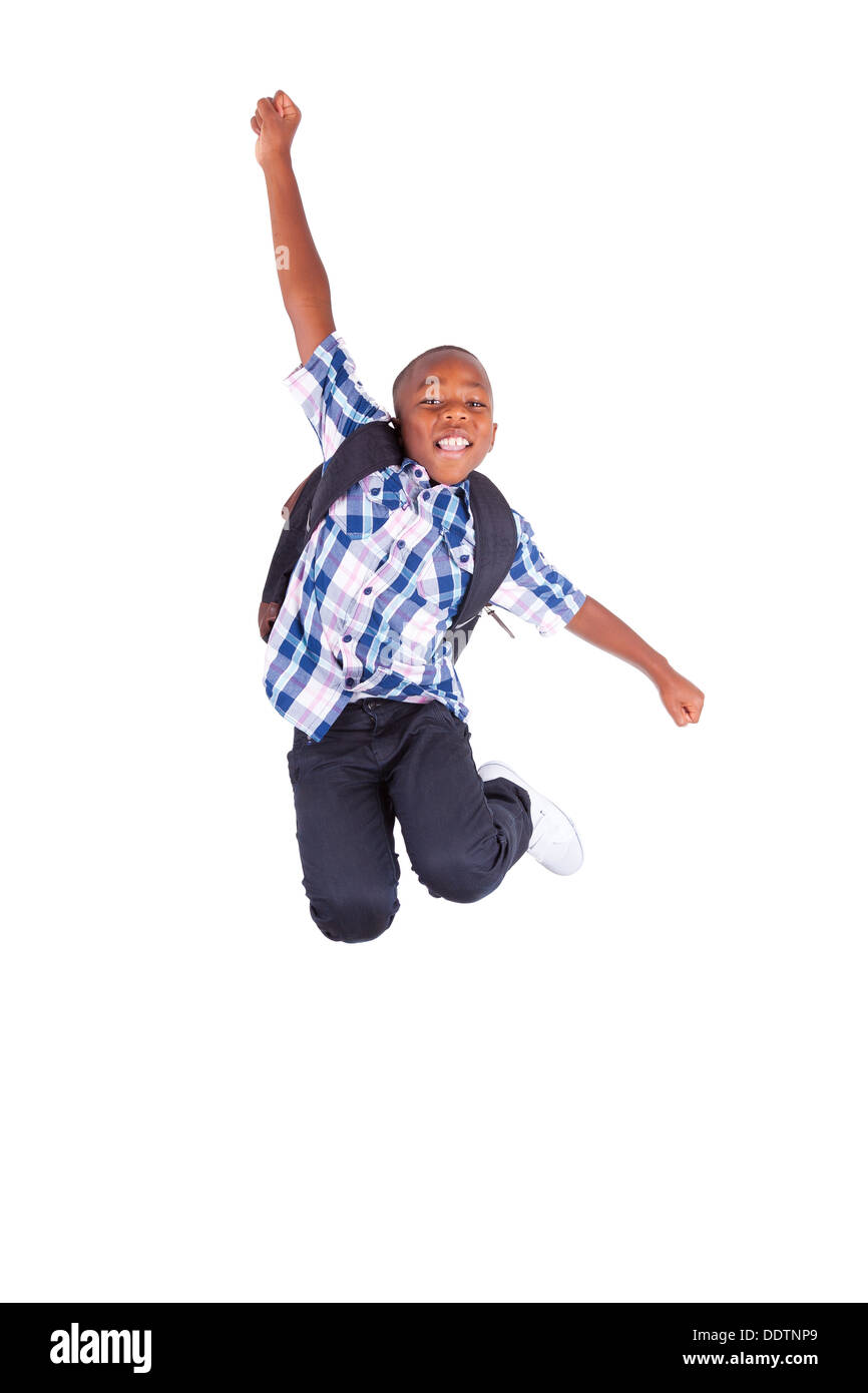 African American school boy saut , isolé sur fond blanc - les noirs Banque D'Images