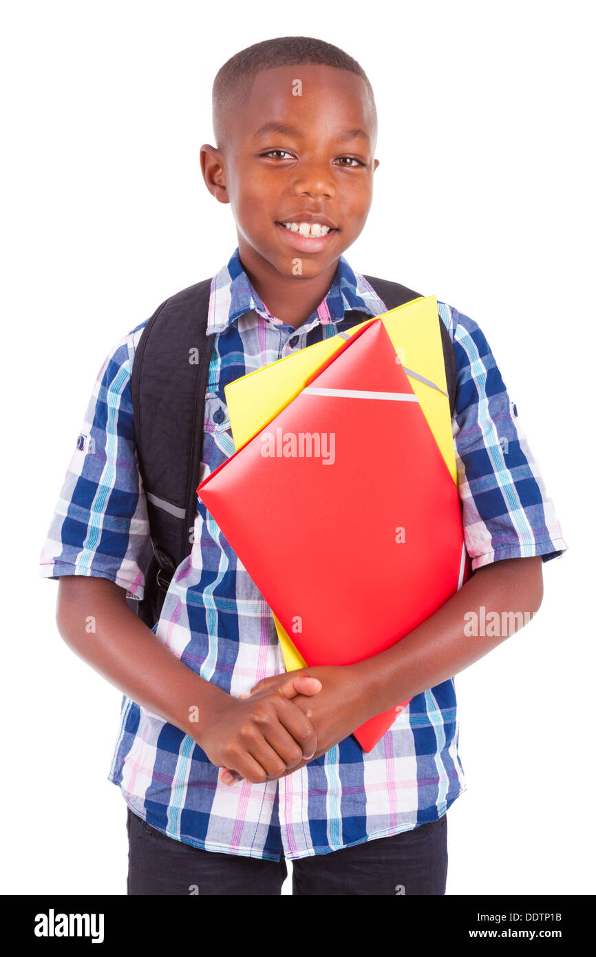 African American school boy, holding folders, isolé sur fond blanc - les noirs Banque D'Images