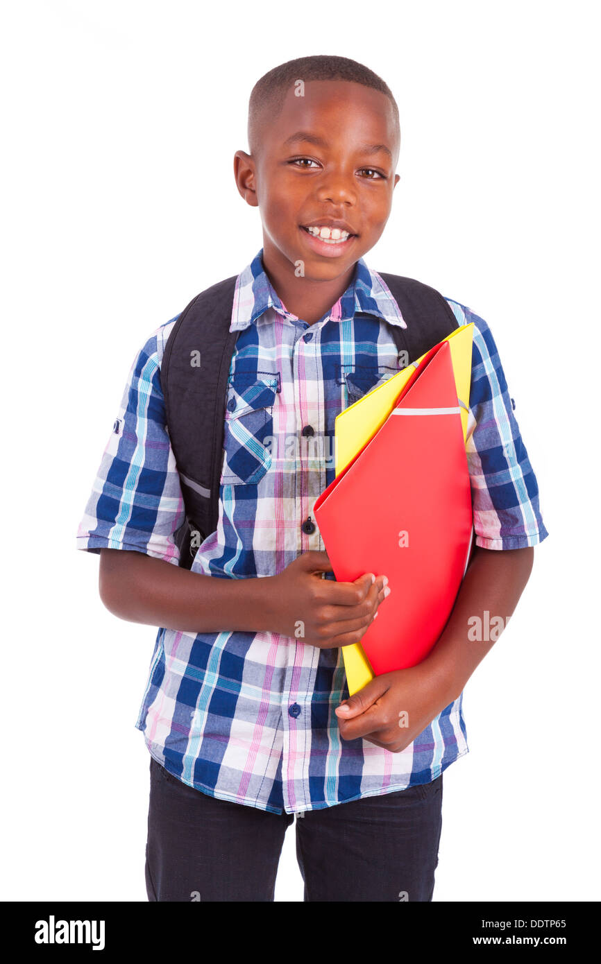 African American school boy, holding folders, isolé sur fond blanc - les noirs Banque D'Images