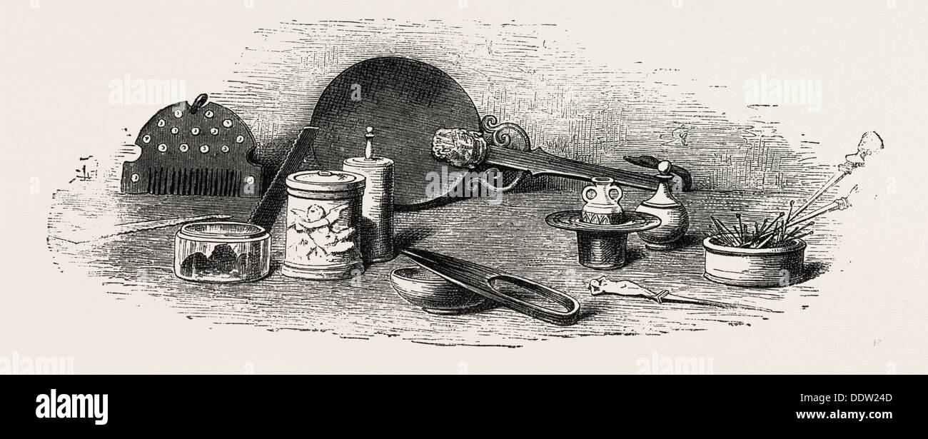 Ancienne cité romaine de Pompéi Les Articles de Toilette, gravure 1882 Banque D'Images